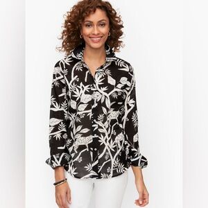 Talbots Blouse Black White Botanical Tropical Leopard Print Size Small Petite